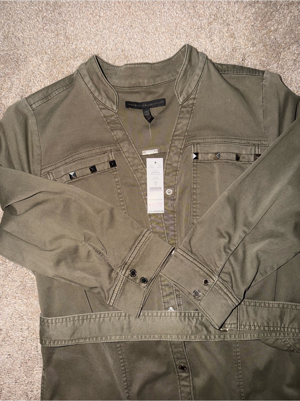White House Black Market Olive Green Military-Style Jacket with Stud Trim